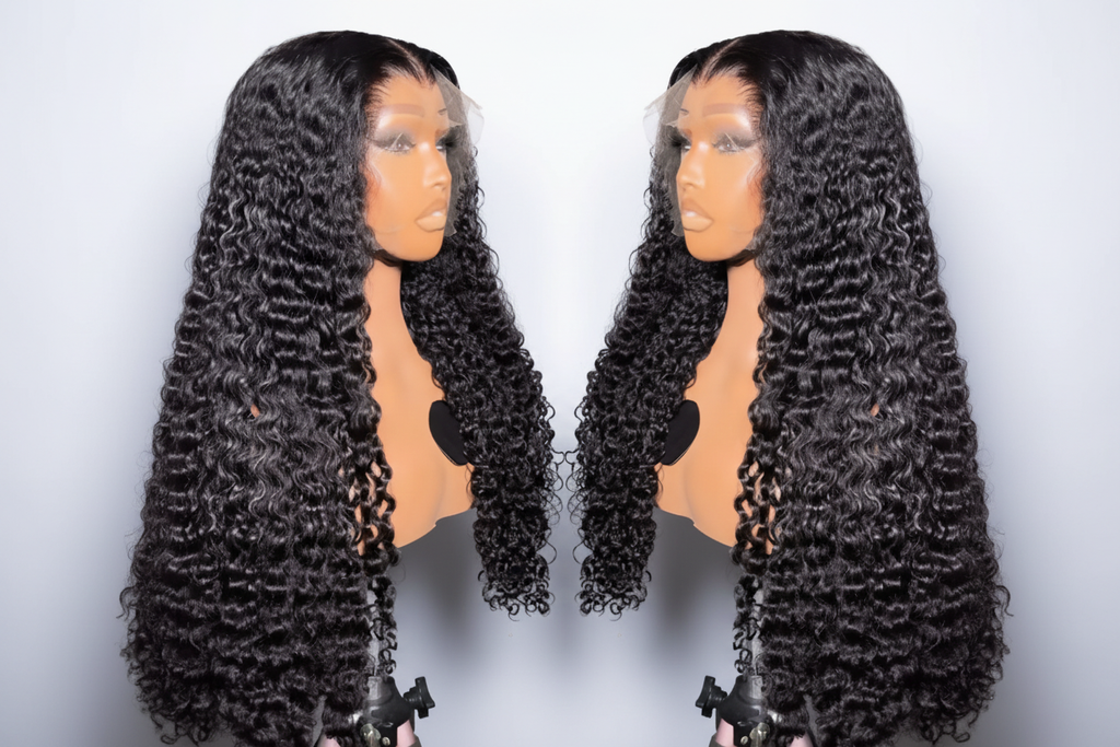 Black Curly Wigs with Grey and White Background