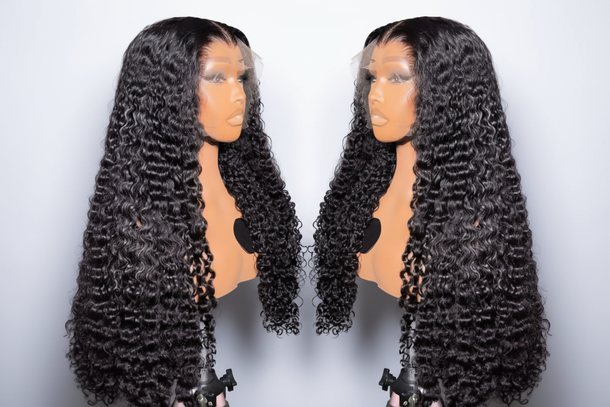 Black Curly Wigs with Grey and White Background