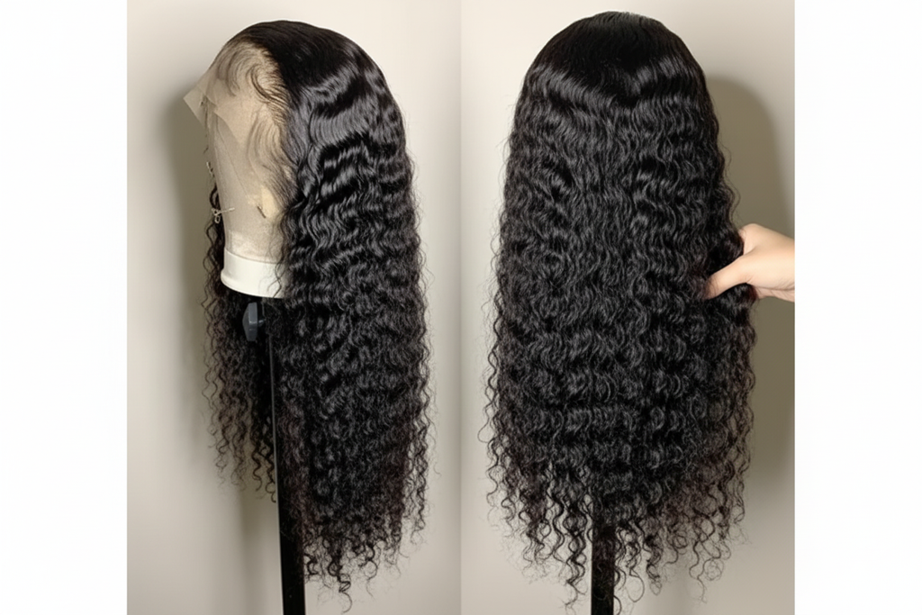 Black Deep Wave Wigs with White and Grey Background
