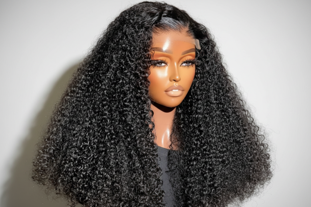 Black Kinky Curly Wig with White and Gray Background
