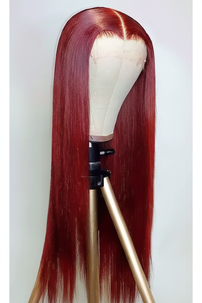 Burgundy wig with gray and white background