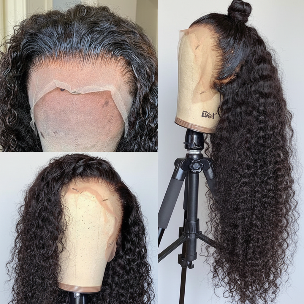 Curly black lace front wig four-panel collage with white and gray background