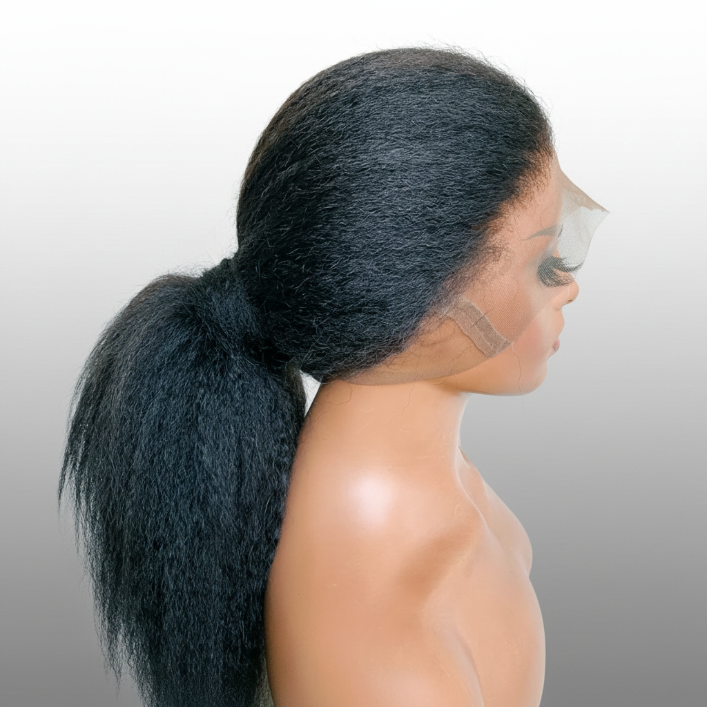 Kinky straight ponytail wig side view with white and gray background
