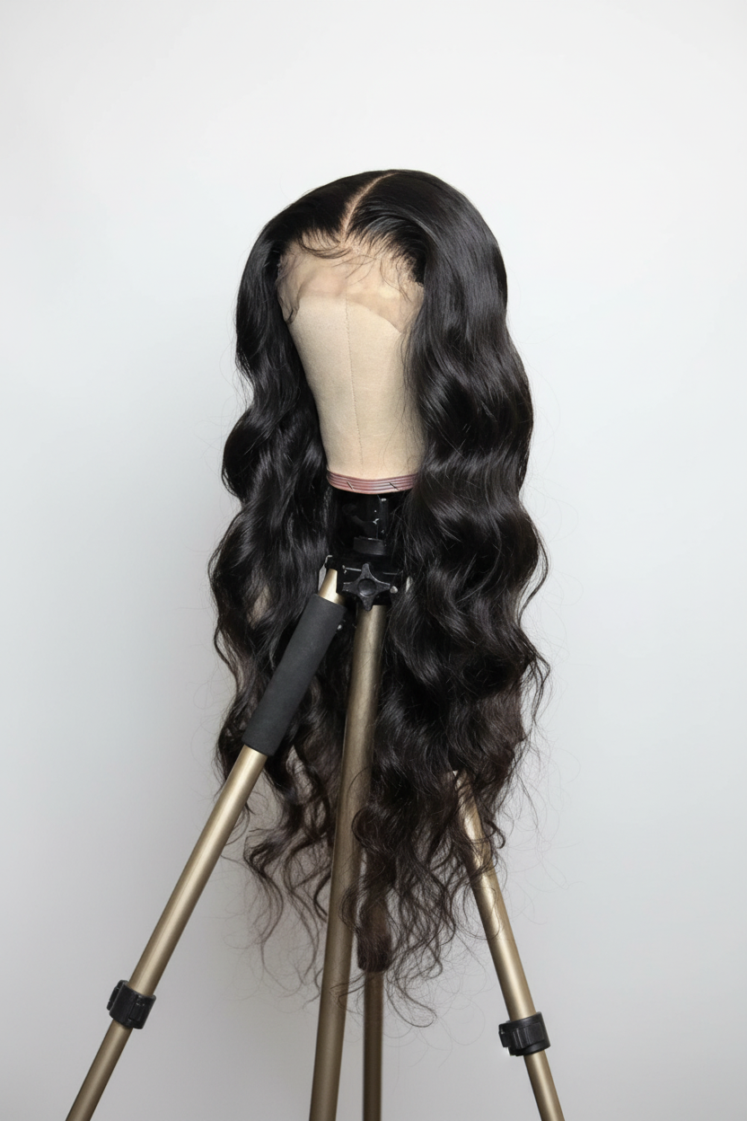 Long wavy black lace front wig with white and gray background