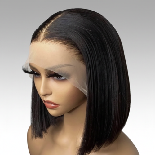 Short black bob wig with gray and white background