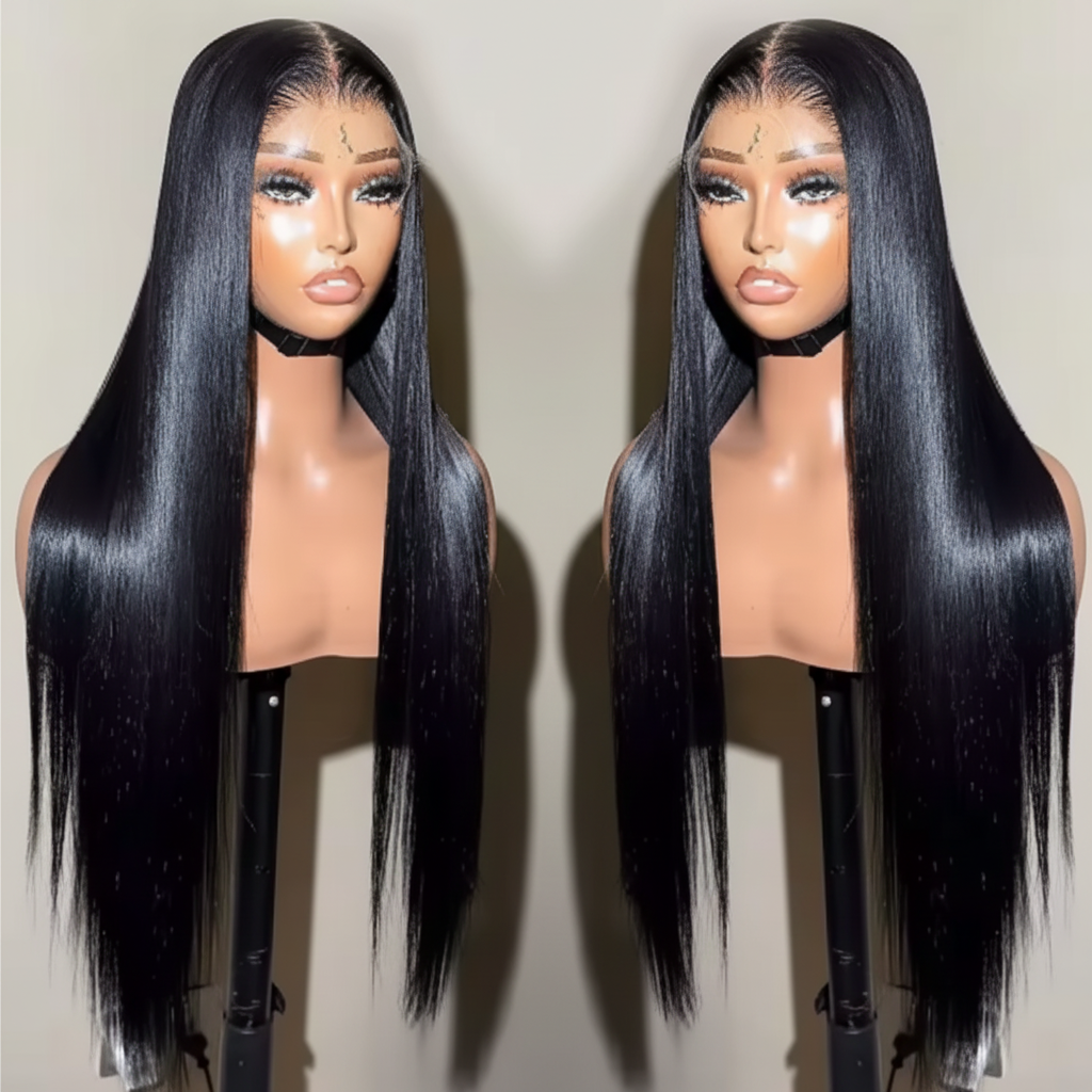 Twin wigs with gray and white background