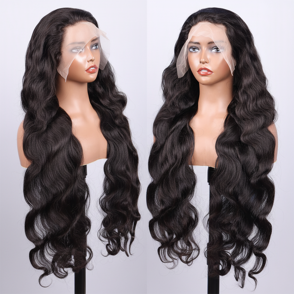 Two wavy black wigs with white and gray background