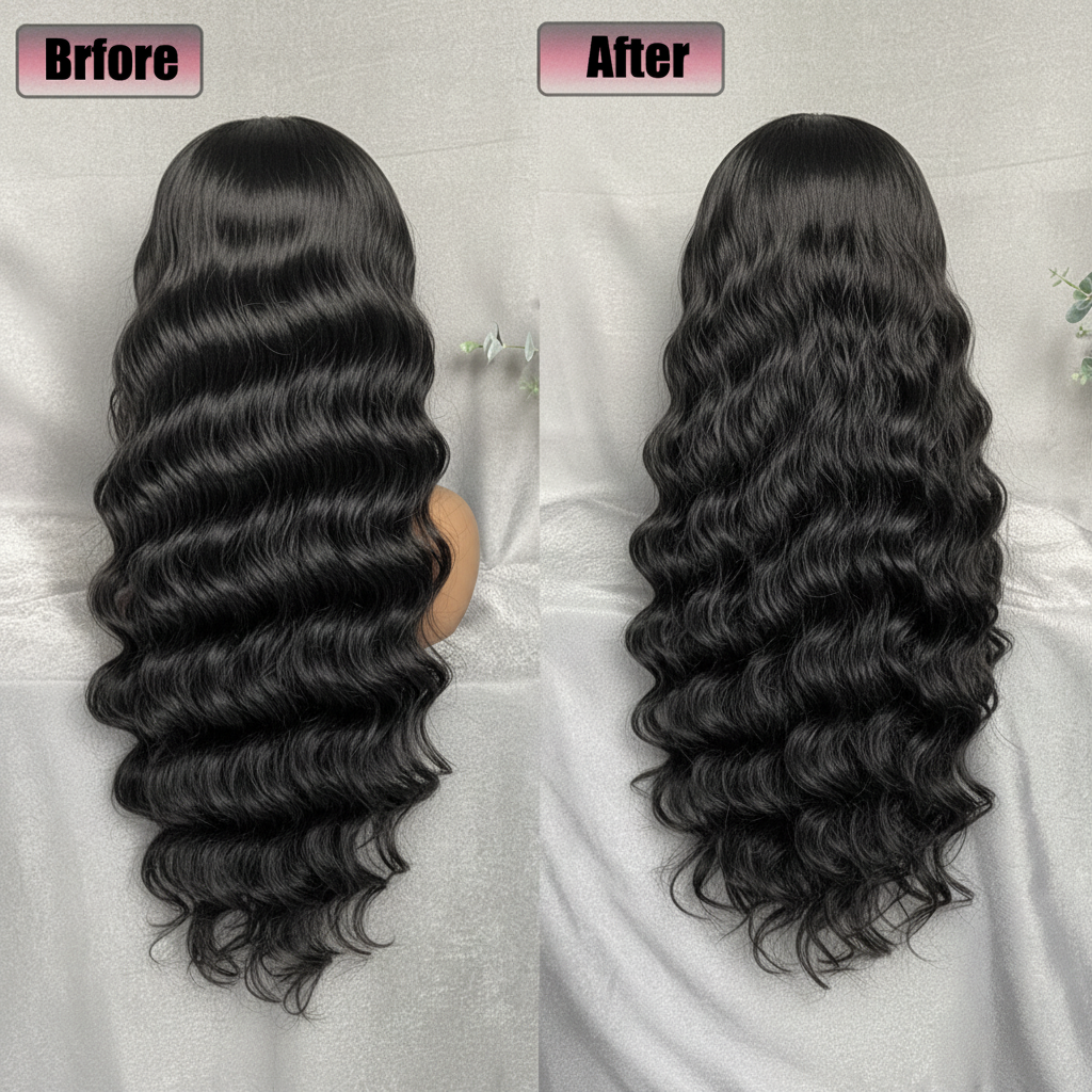 Wavy black wig before and after comparison with white and gray background
