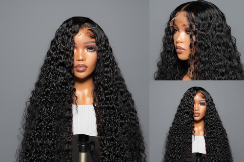 Wig collage with grey background and no text